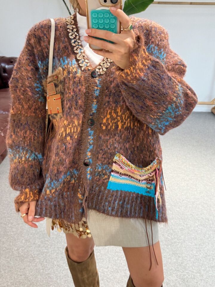 KAHVERENGİ PATCHWORK DESEN İTHAL HIRKA