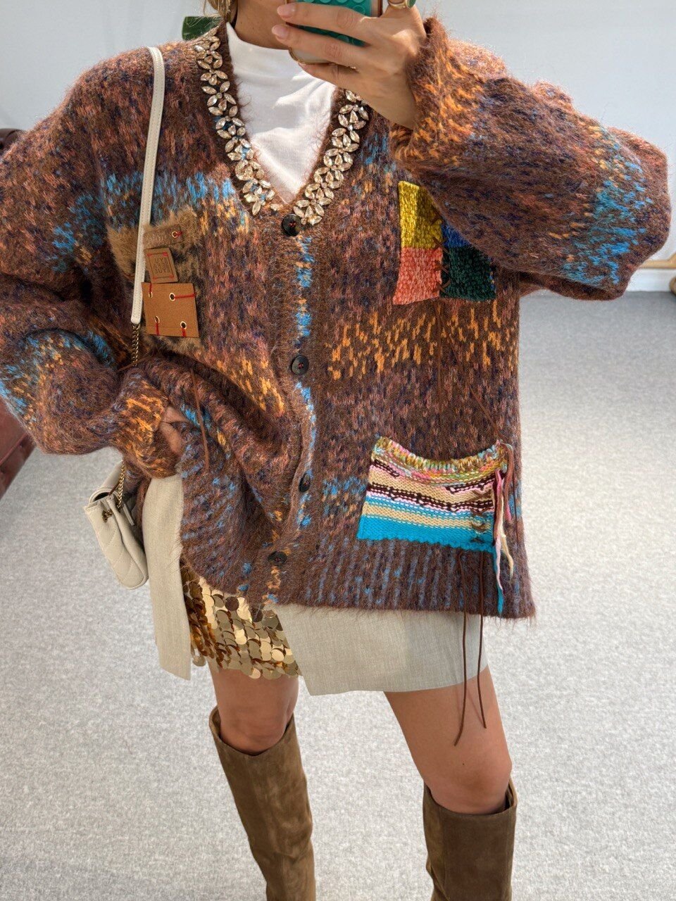 KAHVERENGİ PATCHWORK DESEN İTHAL HIRKA