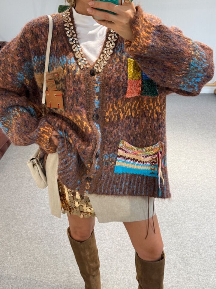 KAHVERENGİ PATCHWORK DESEN İTHAL HIRKA