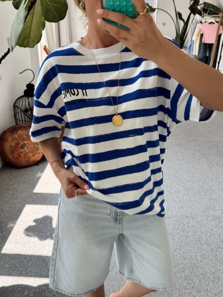 MAVİ ÇİZGİLİ PAMUKLU TSHIRT