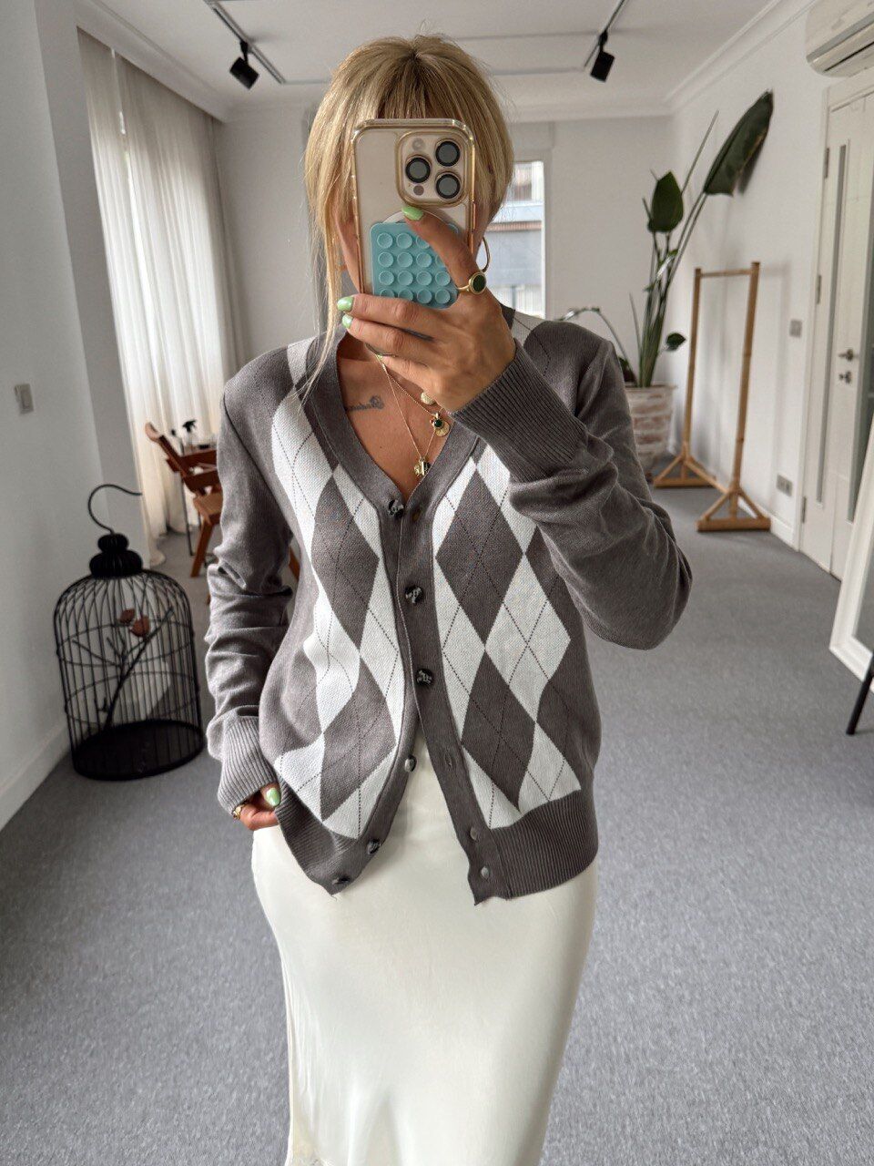 GRİ BAKLAVA DESEN HIRKA