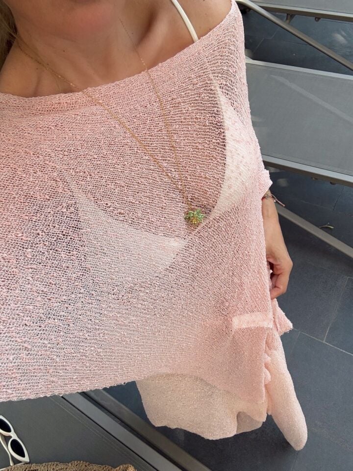 PEMBE ASİMETRİK PELERİN CROP BAĞLAMALI PAREO TAKIM