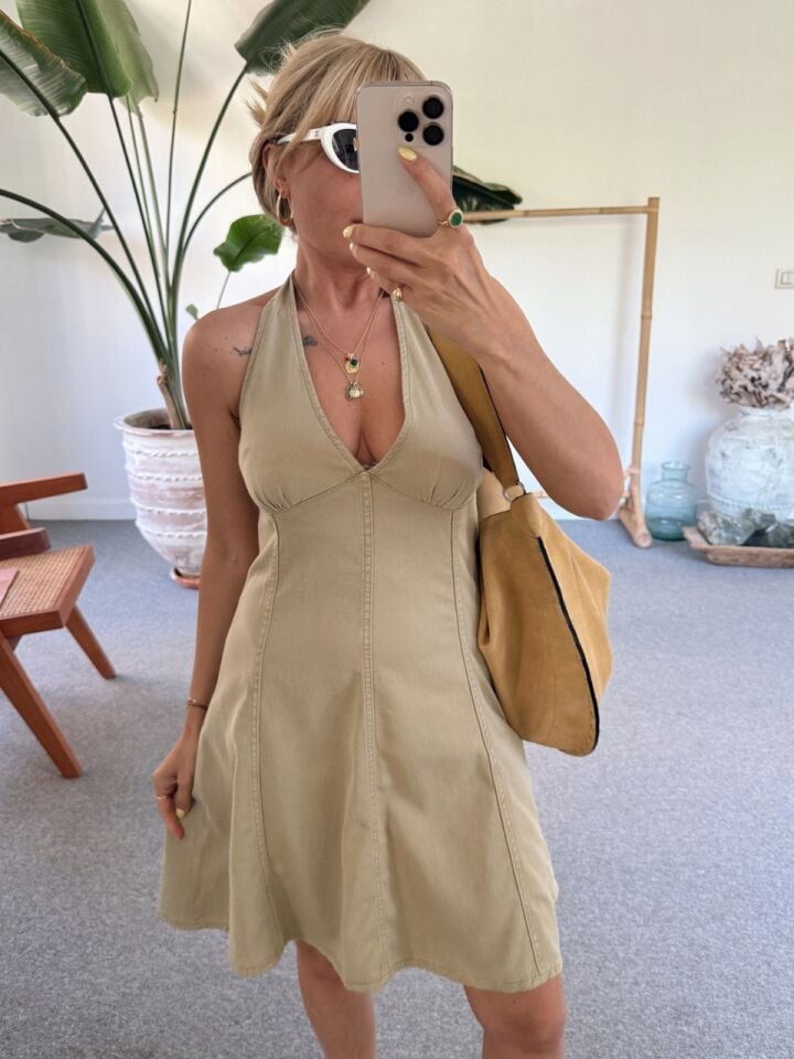 ÇAĞLA  RENGİ HALTER YAKA TENSEL ELBİSE