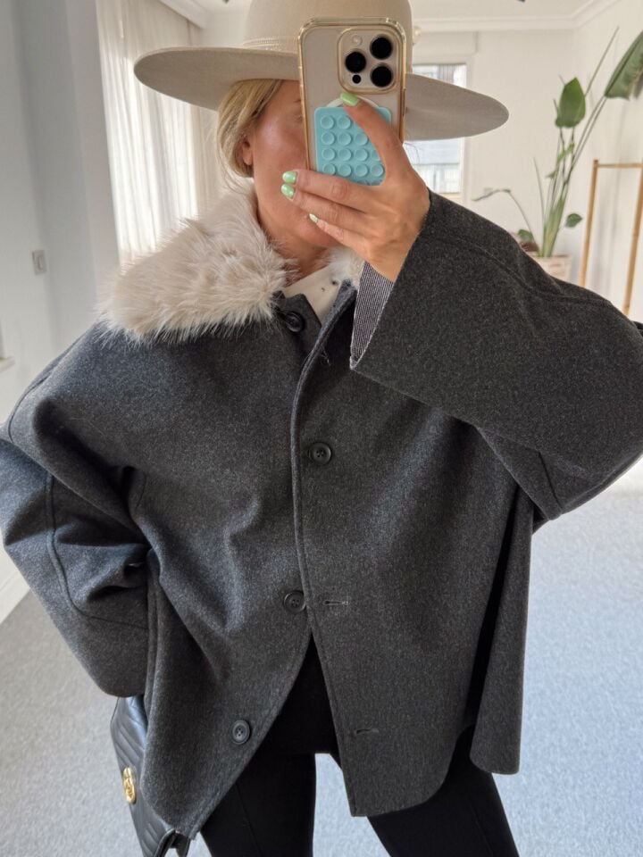 ANTRASİT KÜRK YAKA KAŞE CEKET