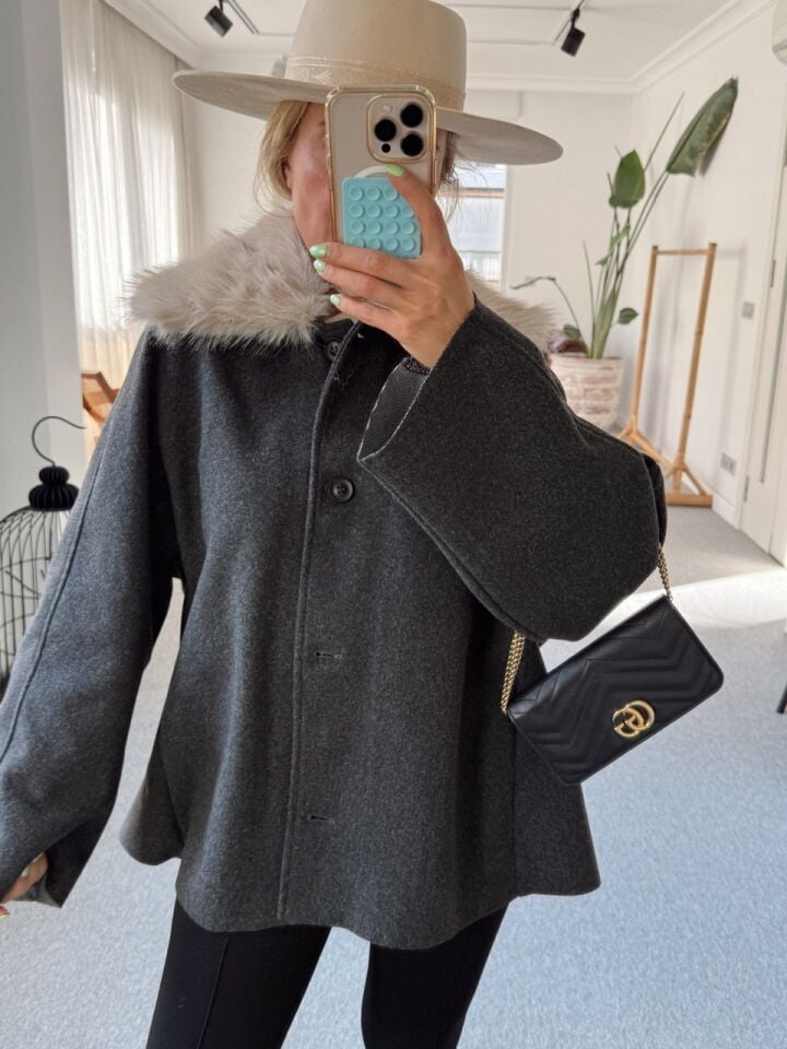 ANTRASİT KÜRK YAKA KAŞE CEKET