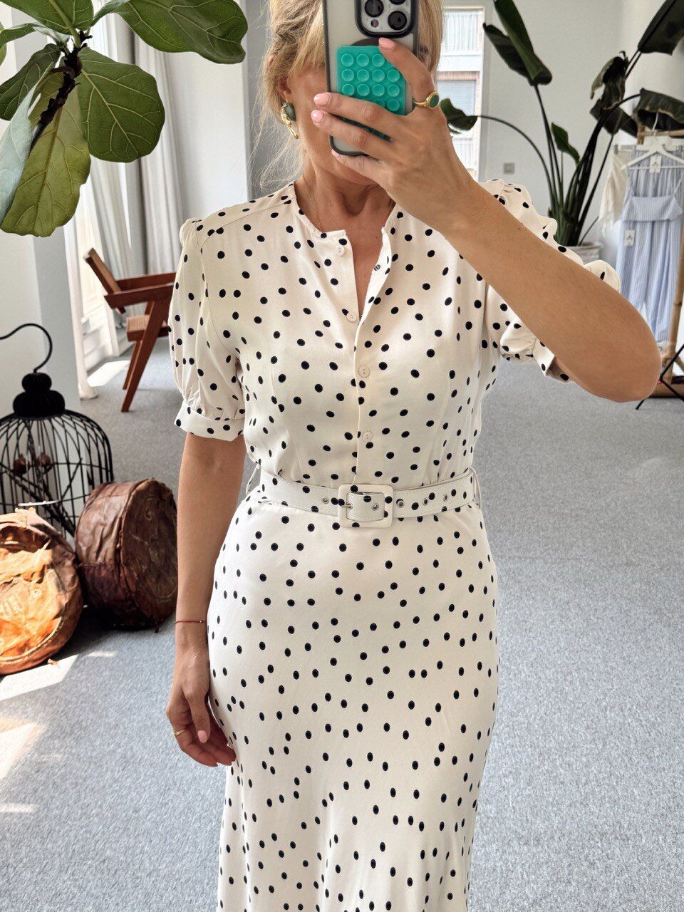 PUANTİYE DESEN KEMERLİ MAXI ELBİSE