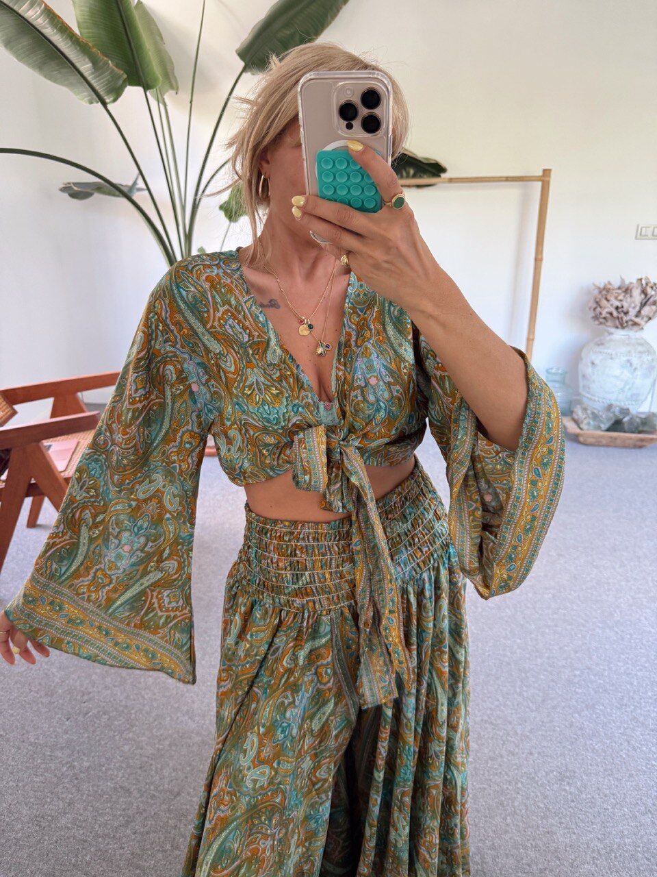 KAHVE- MİNT ETNİK DESEN PANTOLON İTHAL TAKIM