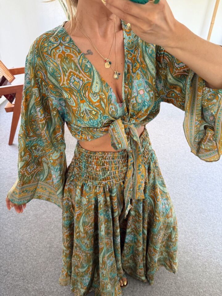 KAHVE- MİNT ETNİK DESEN PANTOLON İTHAL TAKIM