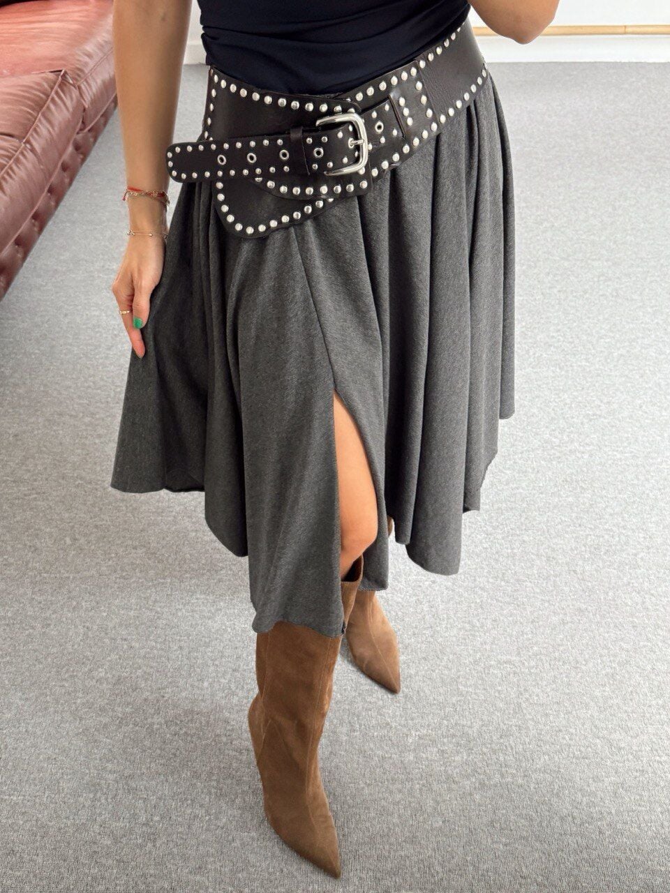 ANTRASİT ASİMETRİK MİDİ ETEK