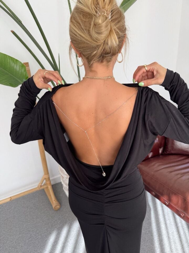 SİYAH SIRT DEKOLTELİ BLUZ ETEK TAKIM