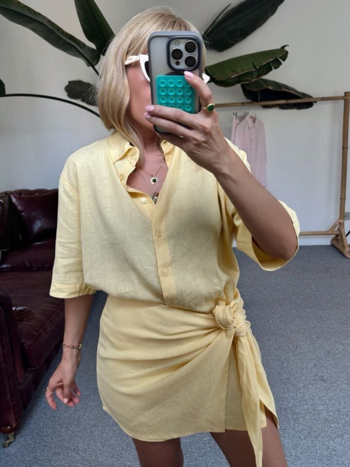 SARI KETEN GOMLEK BAGLAMA DETAYLI ETEK TAKIM