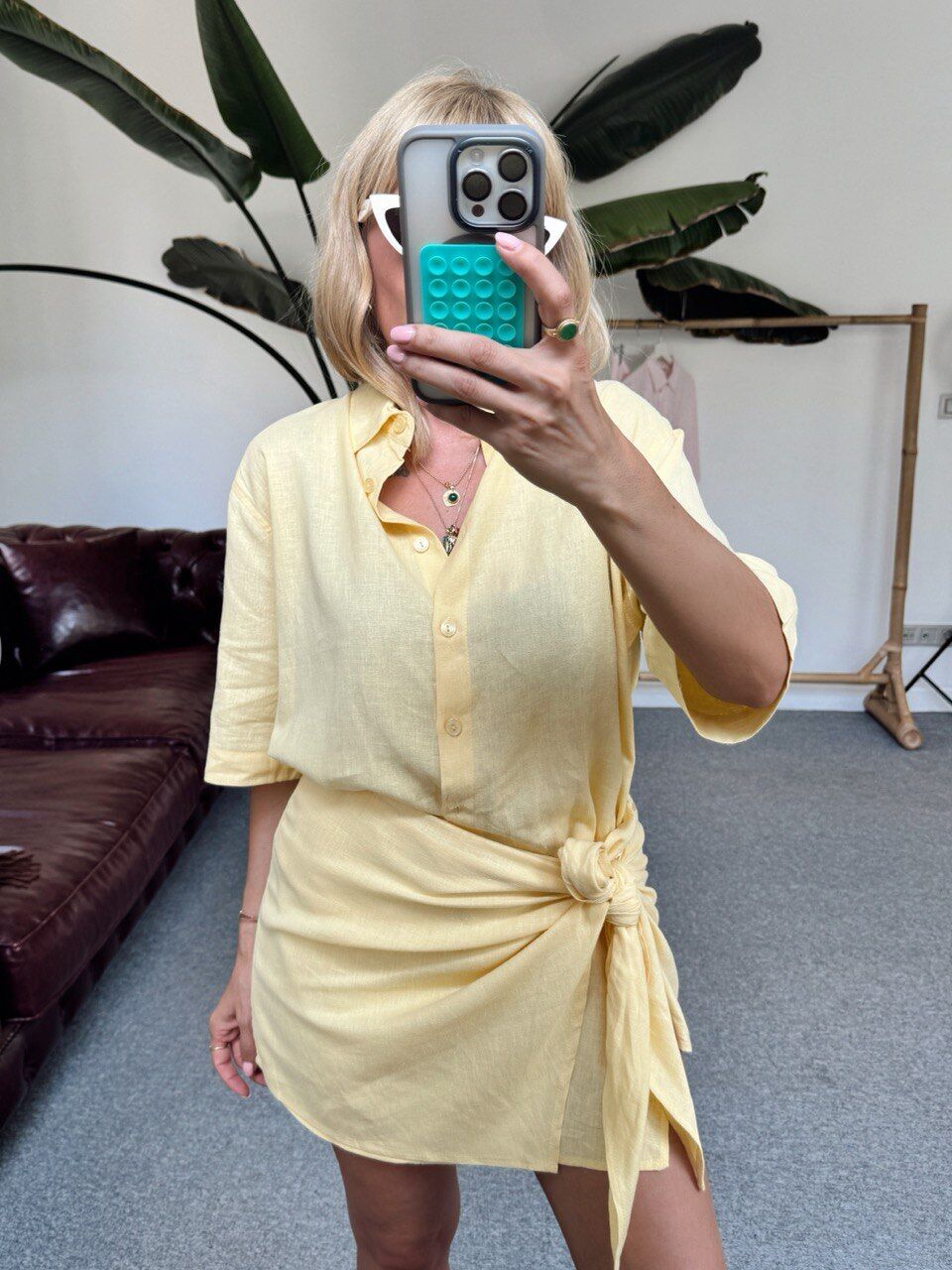 SARI KETEN GOMLEK BAGLAMA DETAYLI ETEK TAKIM