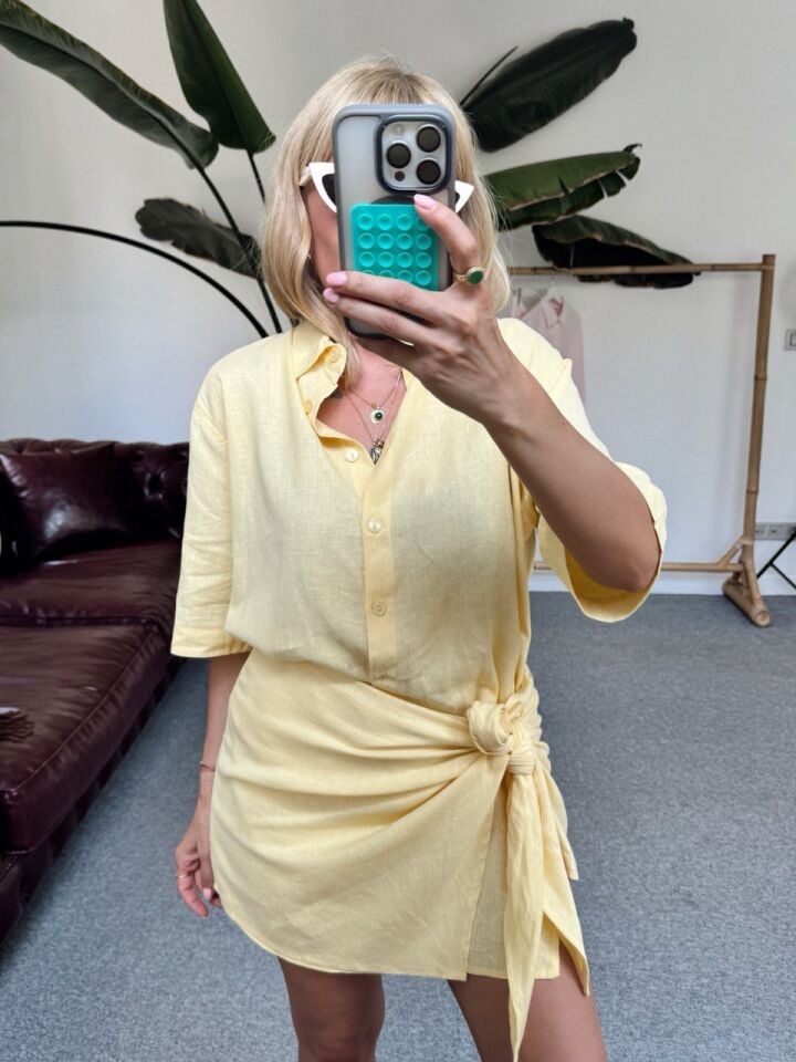 SARI KETEN GOMLEK BAGLAMA DETAYLI ETEK TAKIM