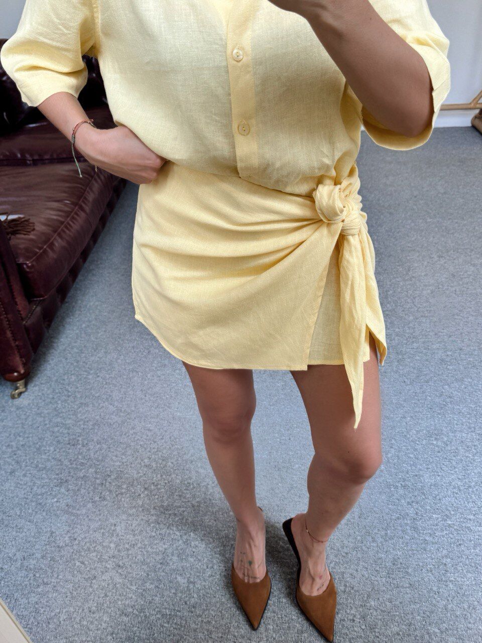 SARI KETEN GOMLEK BAGLAMA DETAYLI ETEK TAKIM