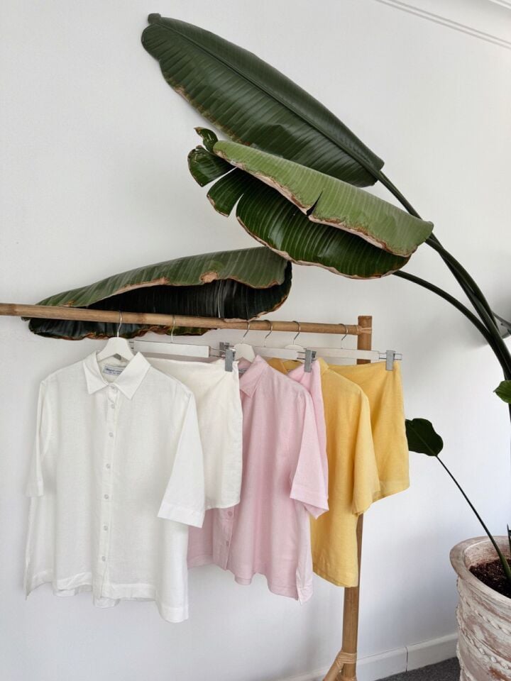 SARI KETEN GOMLEK BAGLAMA DETAYLI ETEK TAKIM