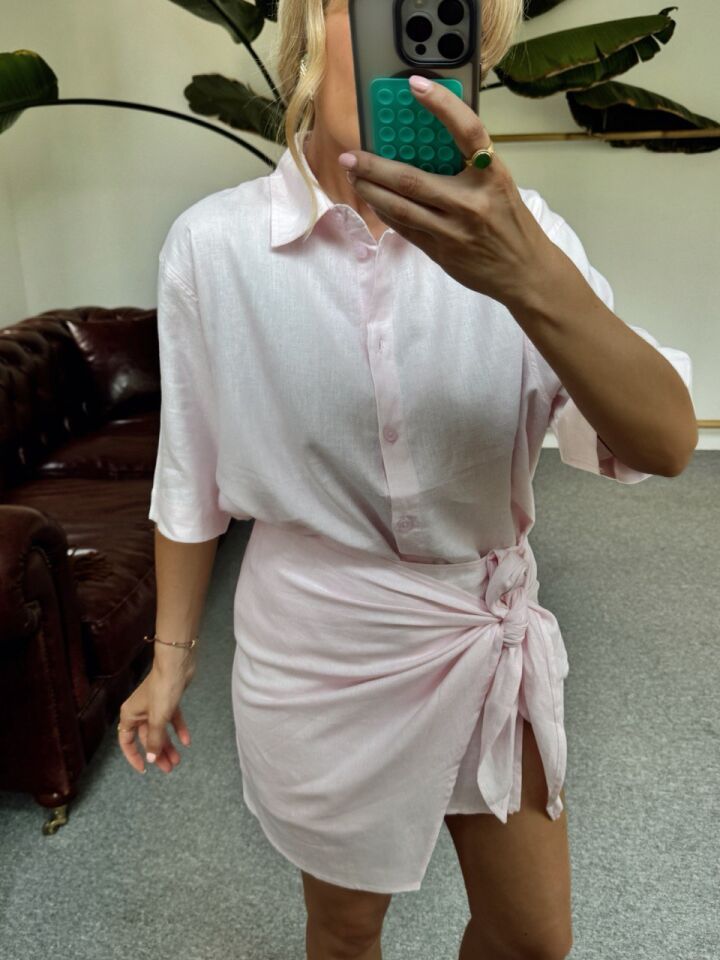 PEMBE KETEN GOMLEK BAGLAMA DETAYLI ETEK TAKIM