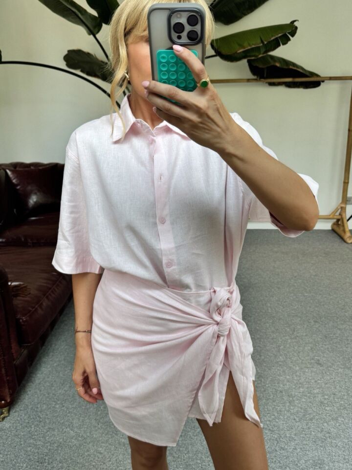 PEMBE KETEN GOMLEK BAGLAMA DETAYLI ETEK TAKIM