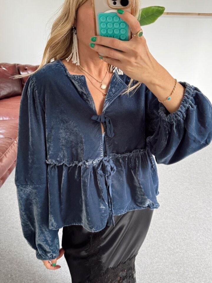 MAVİ KADİFE İTHAL BAĞLAMALI GÖMLEK