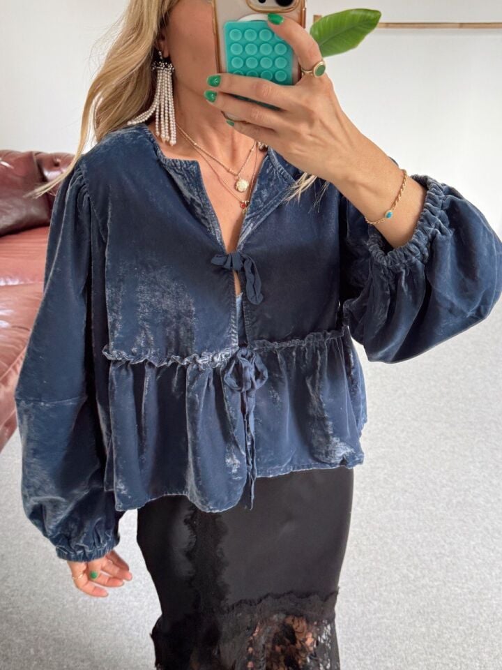 MAVİ KADİFE İTHAL BAĞLAMALI GÖMLEK