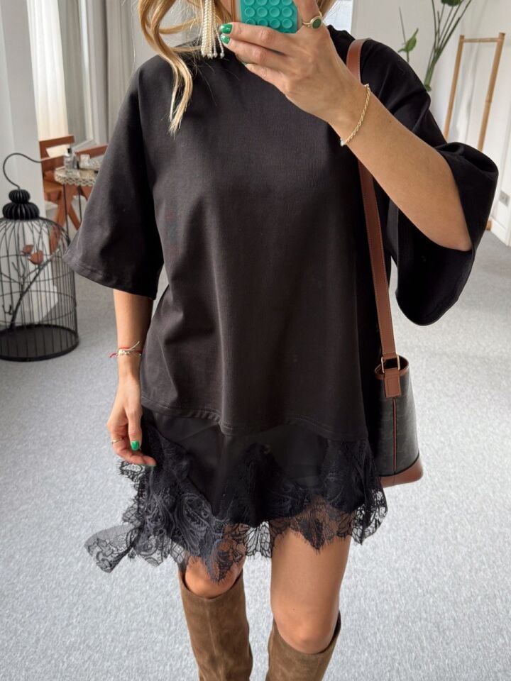 SİYAH DANTEL DETAY TUNİK BLUZ