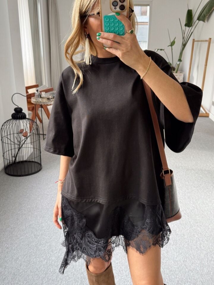 SİYAH DANTEL DETAY TUNİK BLUZ