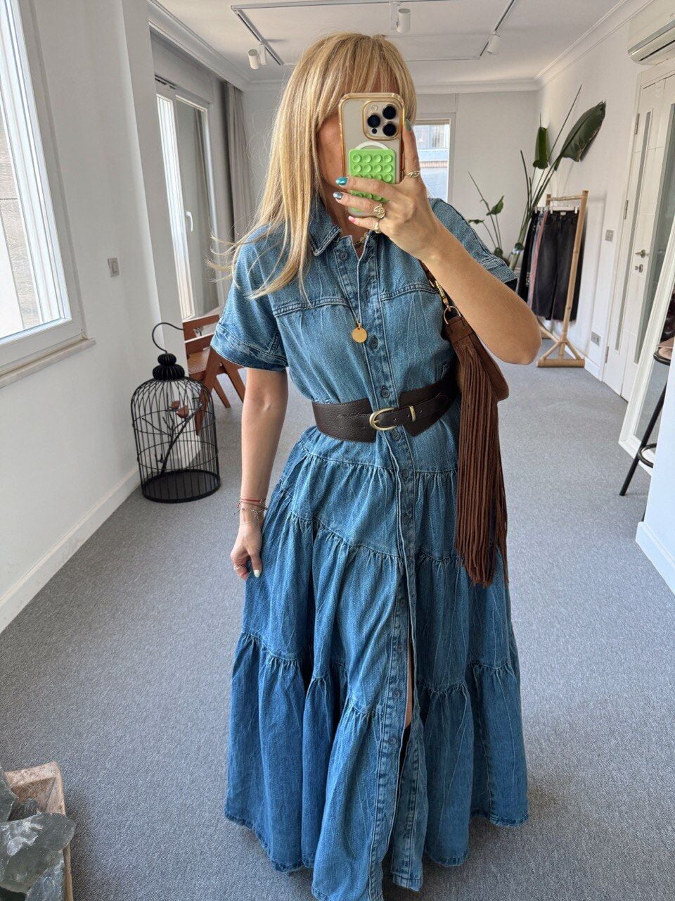 VOLANLI MAXİ DENİM ELBİSE