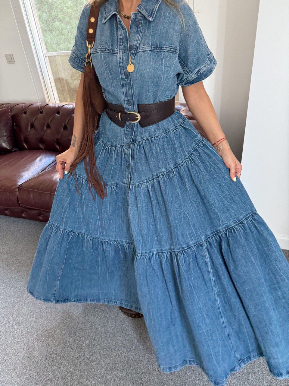 VOLANLI MAXİ DENİM ELBİSE