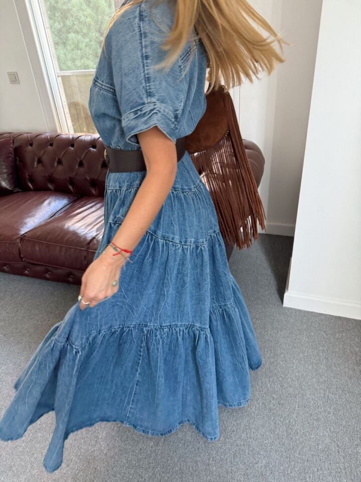 VOLANLI MAXİ DENİM ELBİSE