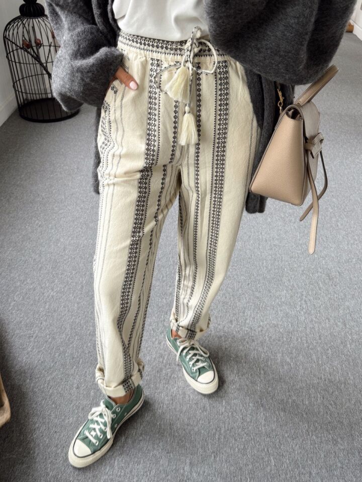 KREM ETNİK DESEN İTHAL PANTOLON