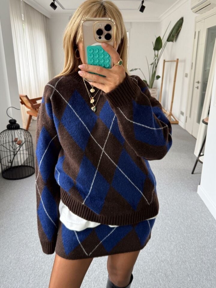 KAHVE-MAVİ BAKLAVA DESEN TRİKO ETEK