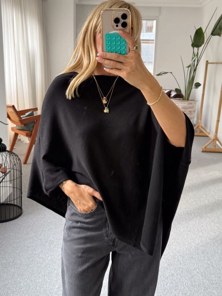 SİYAH ASİMETRİK PANÇO