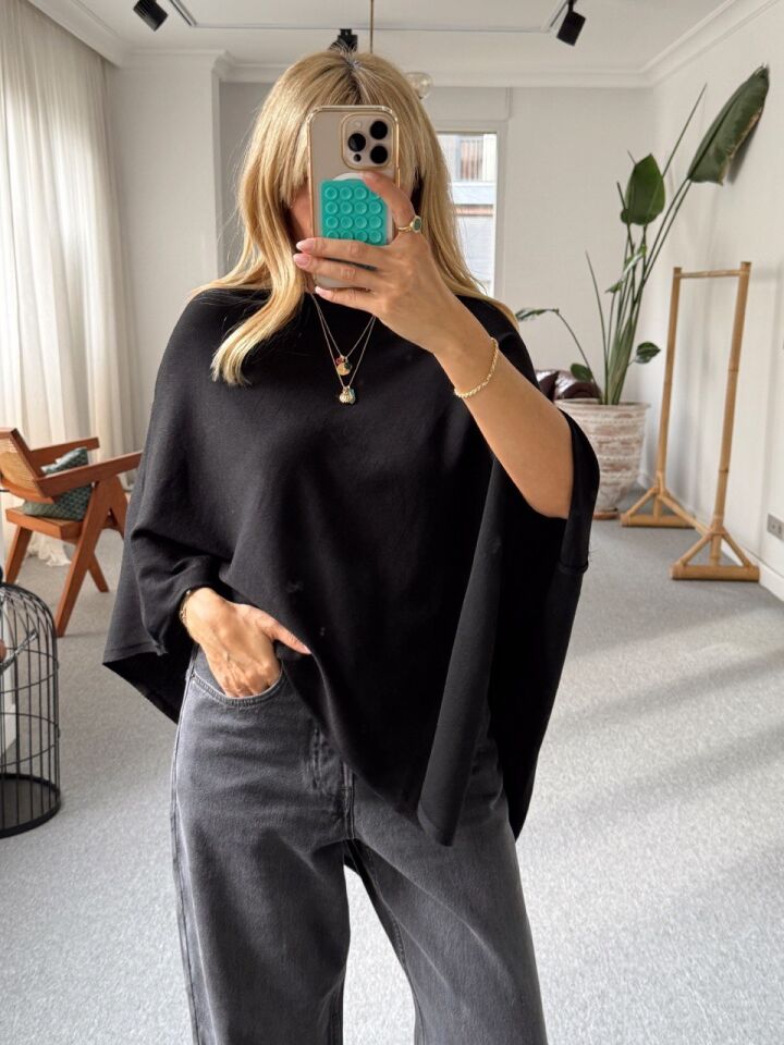 SİYAH ASİMETRİK PANÇO