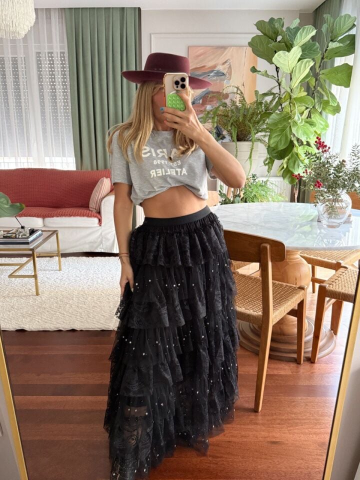 SİYAH DANTEL-TÜL TAŞ İŞLEMELİ İTHAL ETEK