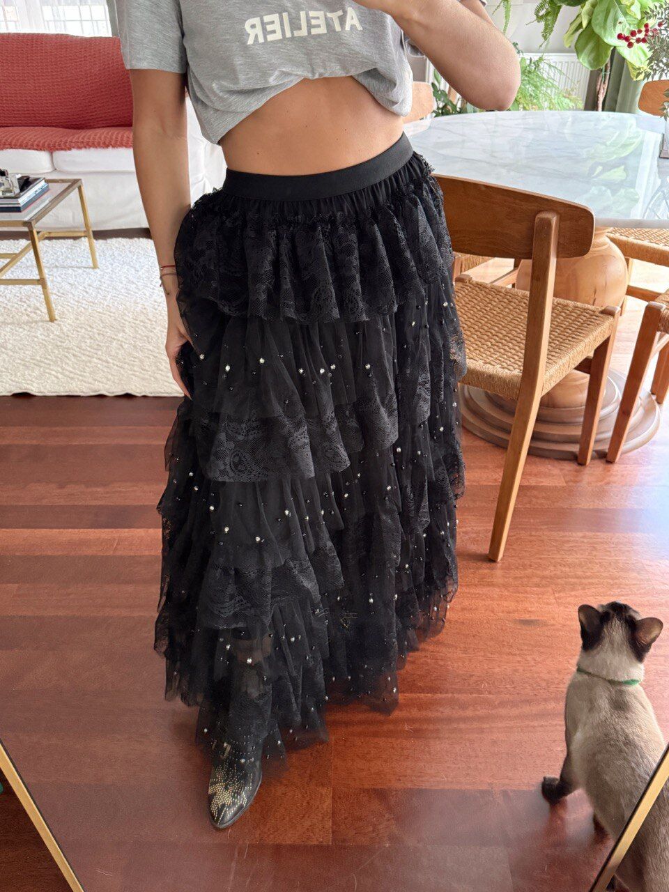 SİYAH DANTEL-TÜL TAŞ İŞLEMELİ İTHAL ETEK