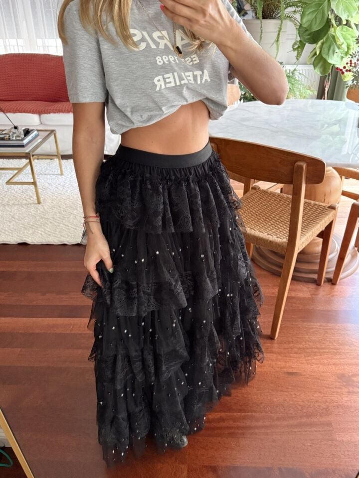 SİYAH DANTEL-TÜL TAŞ İŞLEMELİ İTHAL ETEK