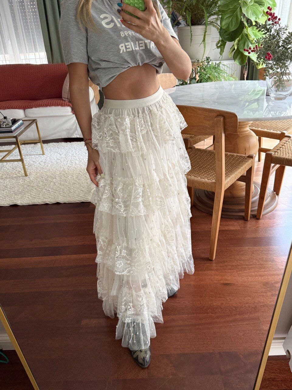 KREM DANTEL-TÜL TAŞ İŞLEMELİ İTHAL ETEK