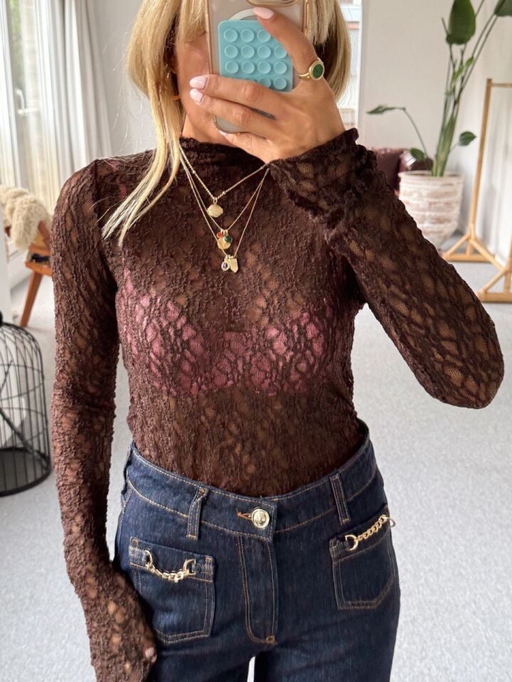 KAHVERENGİ DANTEL BLUZ