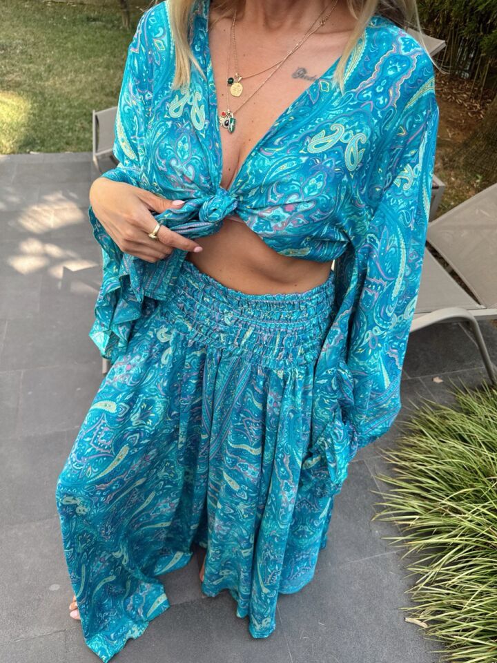 TURKUAZ ETNİK DESEN PANTOLON İTHAL TAKIM