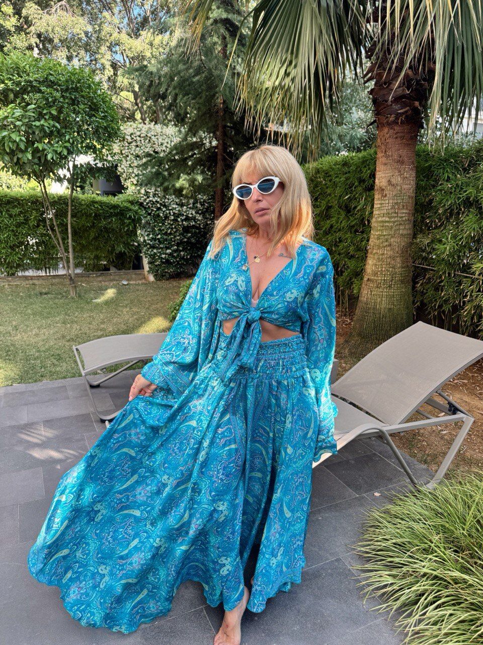 TURKUAZ ETNİK DESEN PANTOLON İTHAL TAKIM