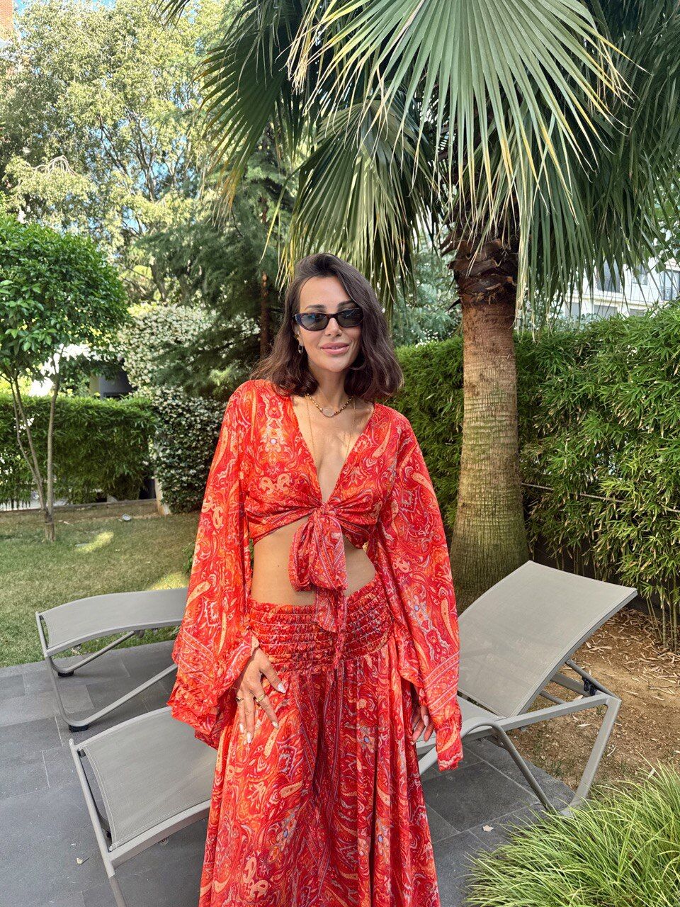 KIRMIZI ETNİK DESEN PANTOLON İTHAL TAKIM