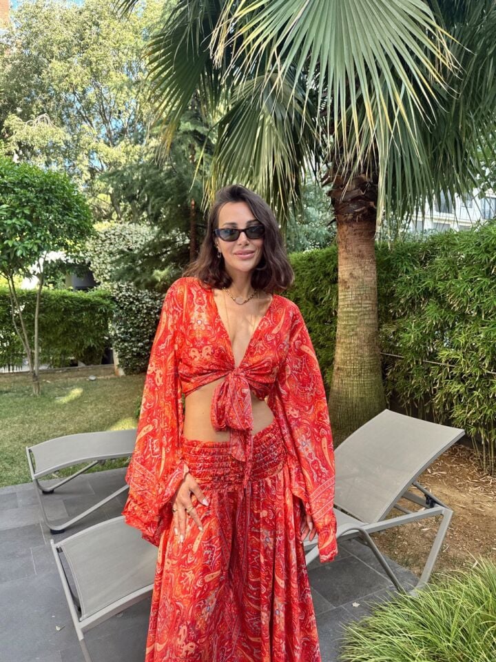 KIRMIZI ETNİK DESEN PANTOLON İTHAL TAKIM