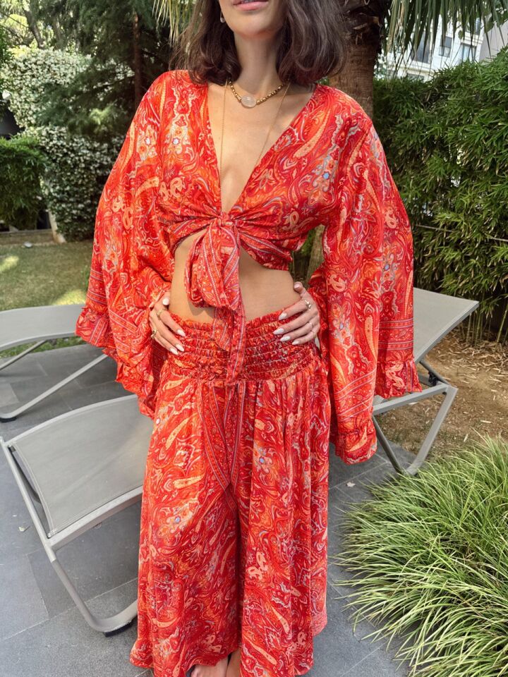 KIRMIZI ETNİK DESEN PANTOLON İTHAL TAKIM