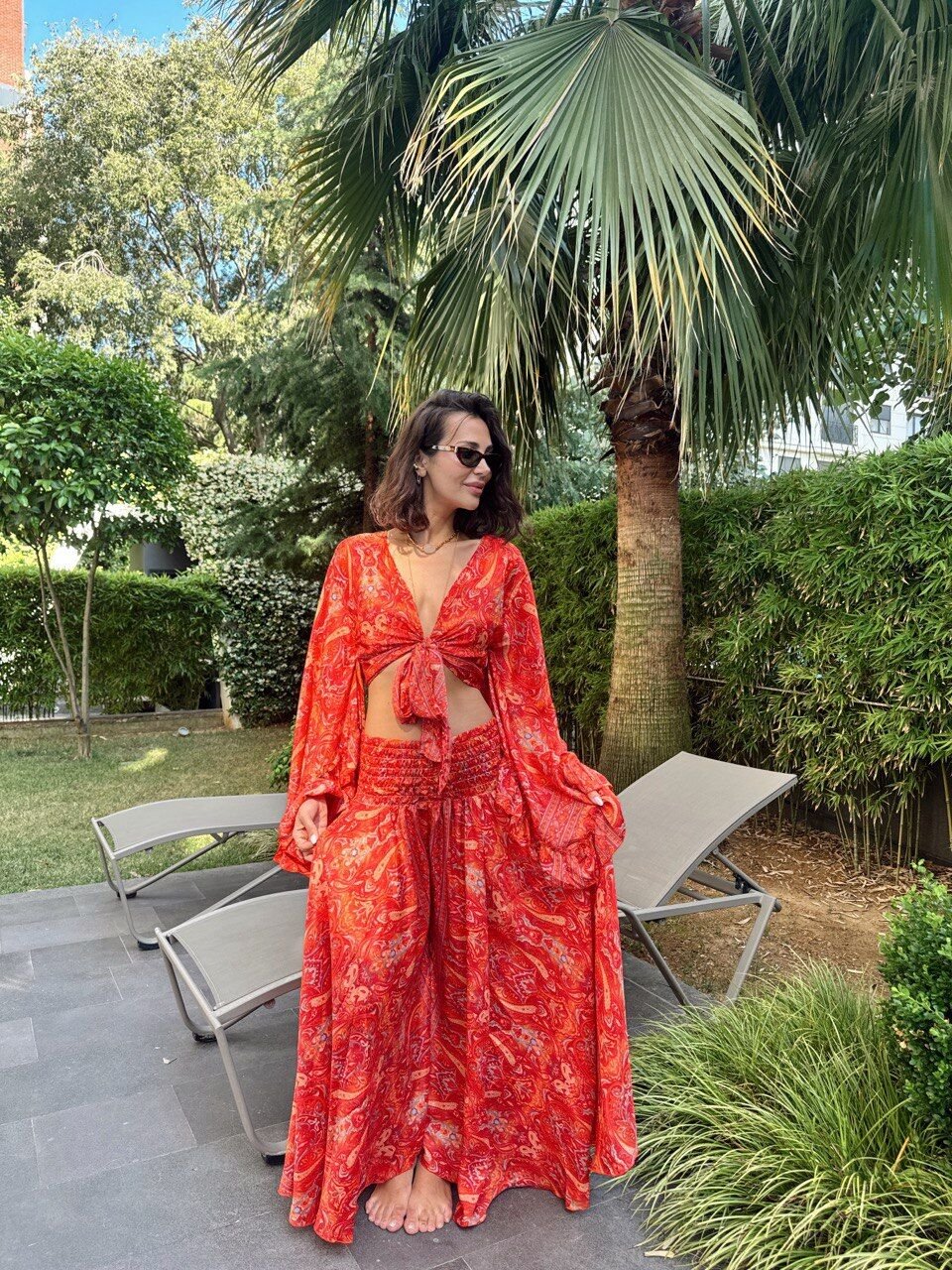 KIRMIZI ETNİK DESEN PANTOLON İTHAL TAKIM