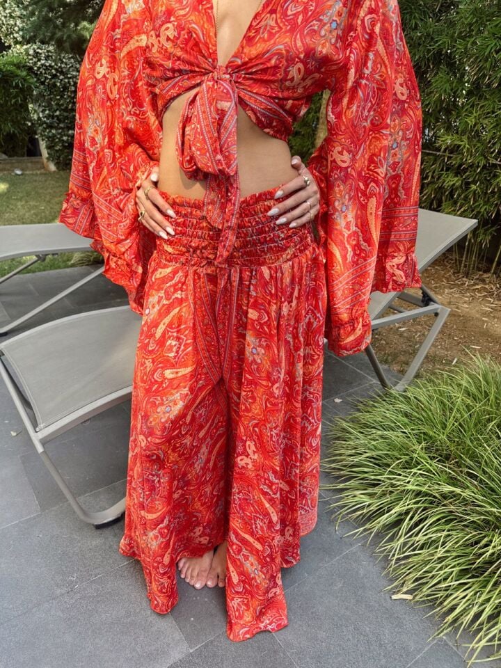 KIRMIZI ETNİK DESEN PANTOLON İTHAL TAKIM