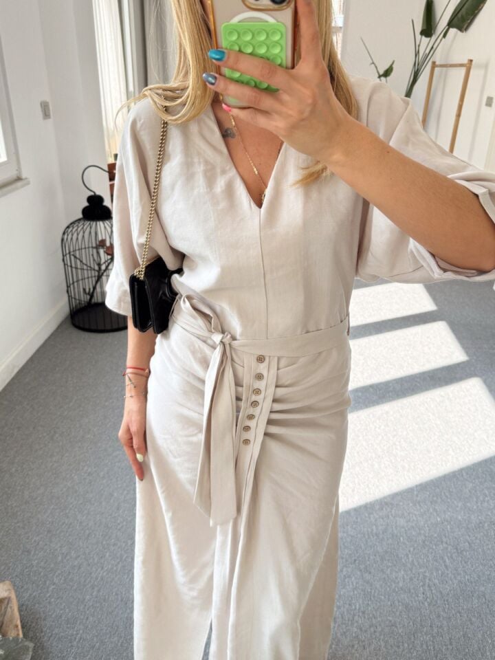 BEJ BEL DETAY TENSEL ELBİSE