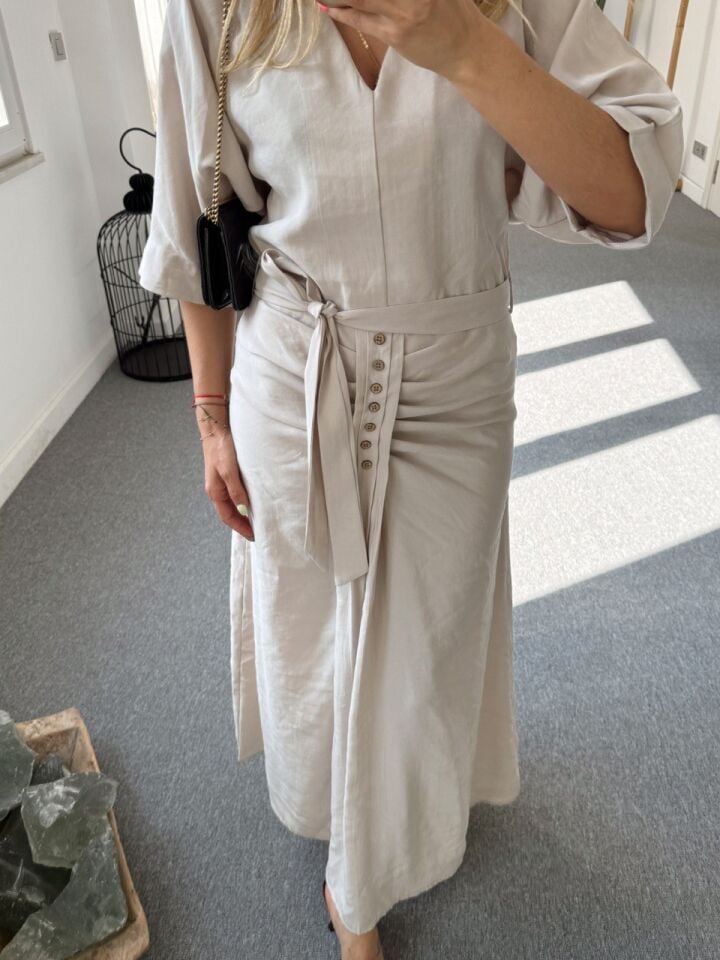 BEJ BEL DETAY TENSEL ELBİSE