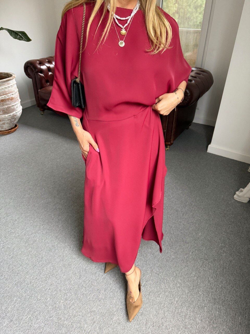 BORDO YIRTMAÇLI YARASA KOL MAXİ ELBİSE