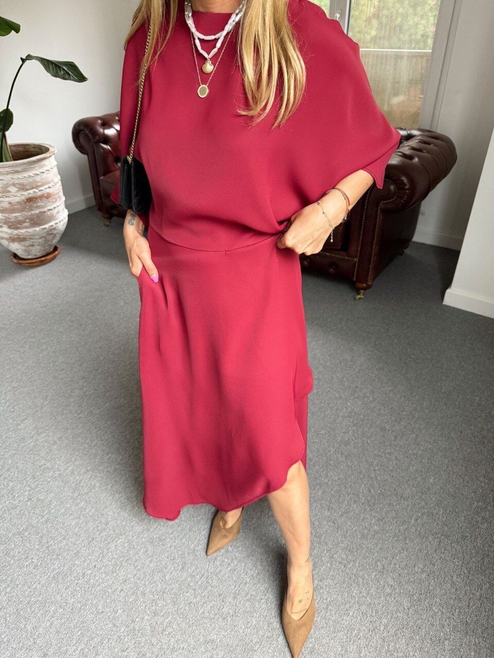 BORDO YIRTMAÇLI YARASA KOL MAXİ ELBİSE