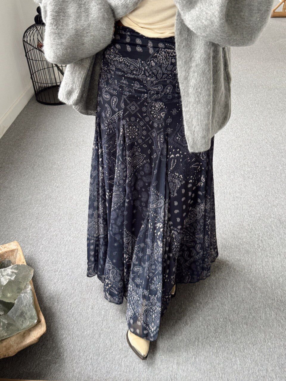 KOYU MAVİ DESENLİ TÜL ASTARLI MAXI ETEK(ÖN SİPARİŞ)
