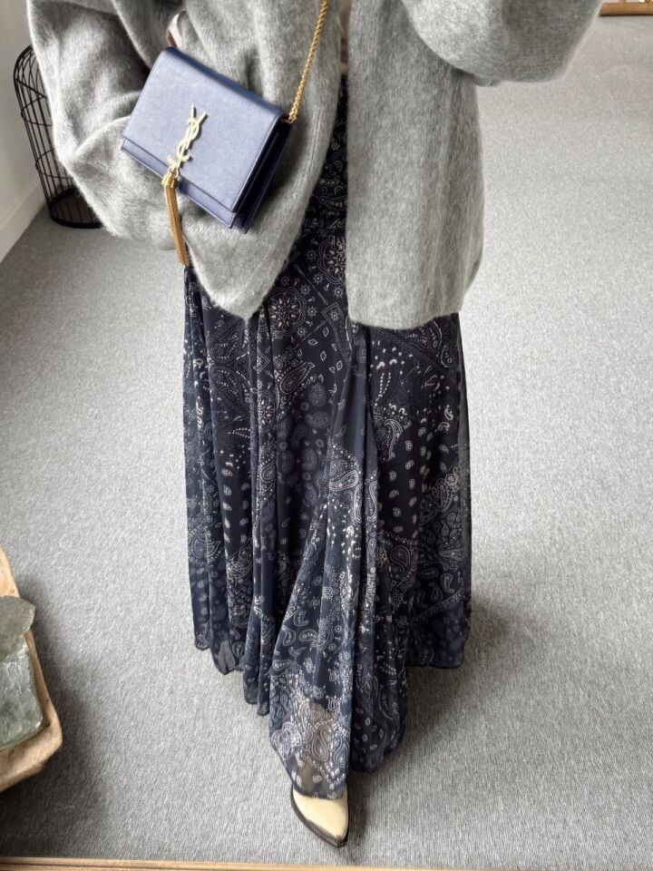 KOYU MAVİ DESENLİ TÜL ASTARLI MAXI ETEK